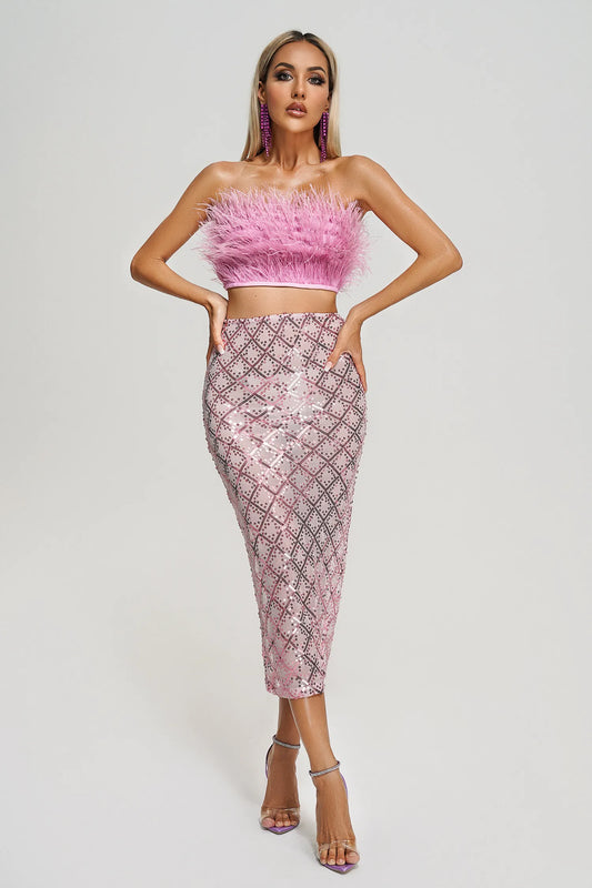 Philippa Pink Strapless Feather Top and Sequin Silt Skirt