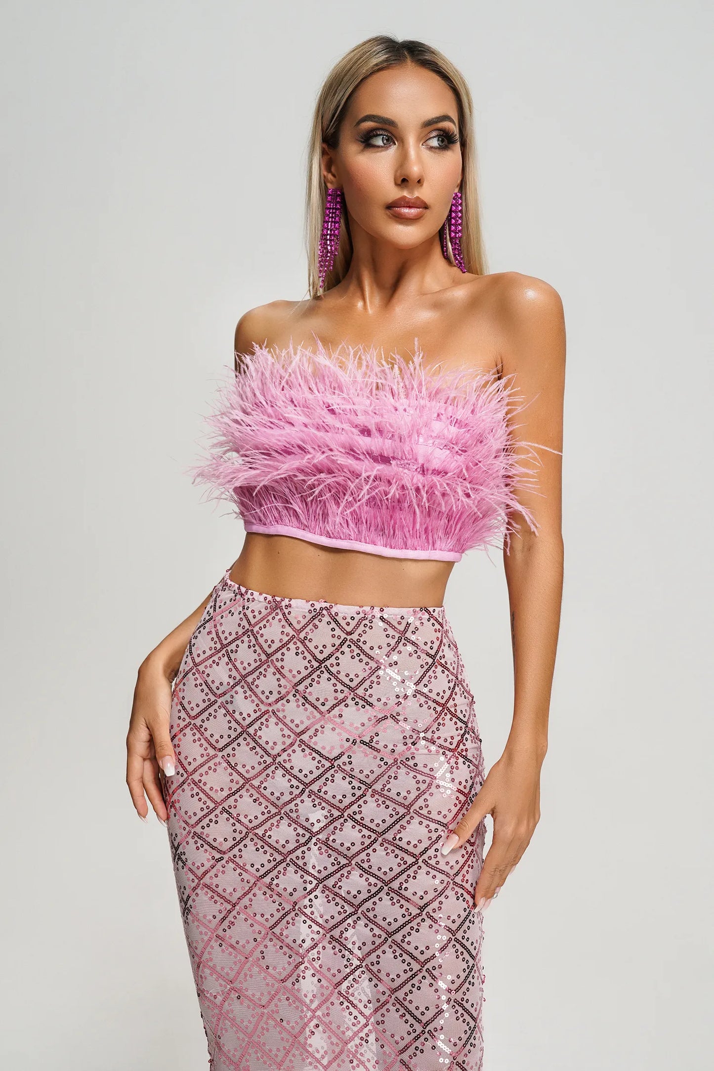 Philippa Pink Strapless Feather Top and Sequin Silt Skirt