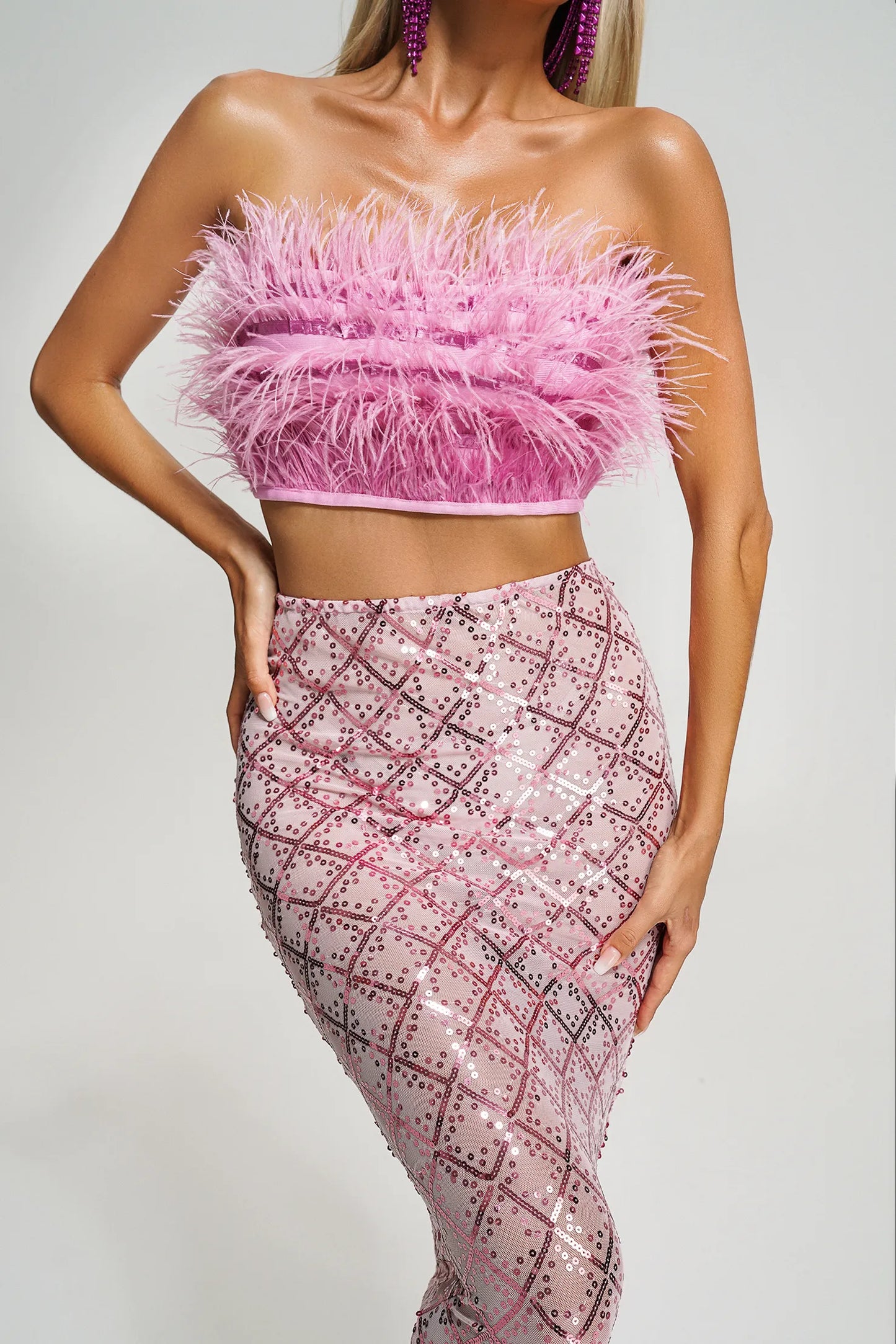 Philippa Pink Strapless Feather Top and Sequin Silt Skirt