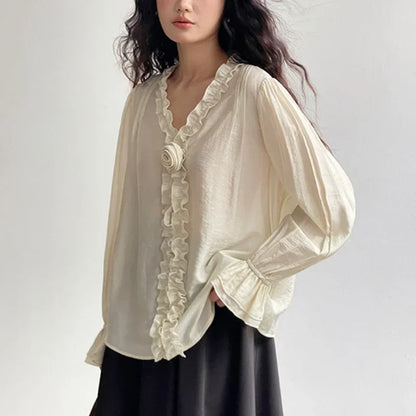 Pink Cotton Rayon Casual Long Sleeve V-Neck Boho Blouse