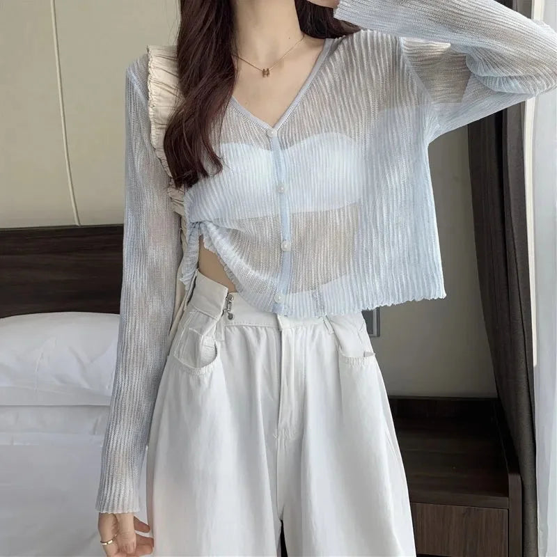 Ice Silk See-Through Thin Single Breasted Pink Knit Cardigan