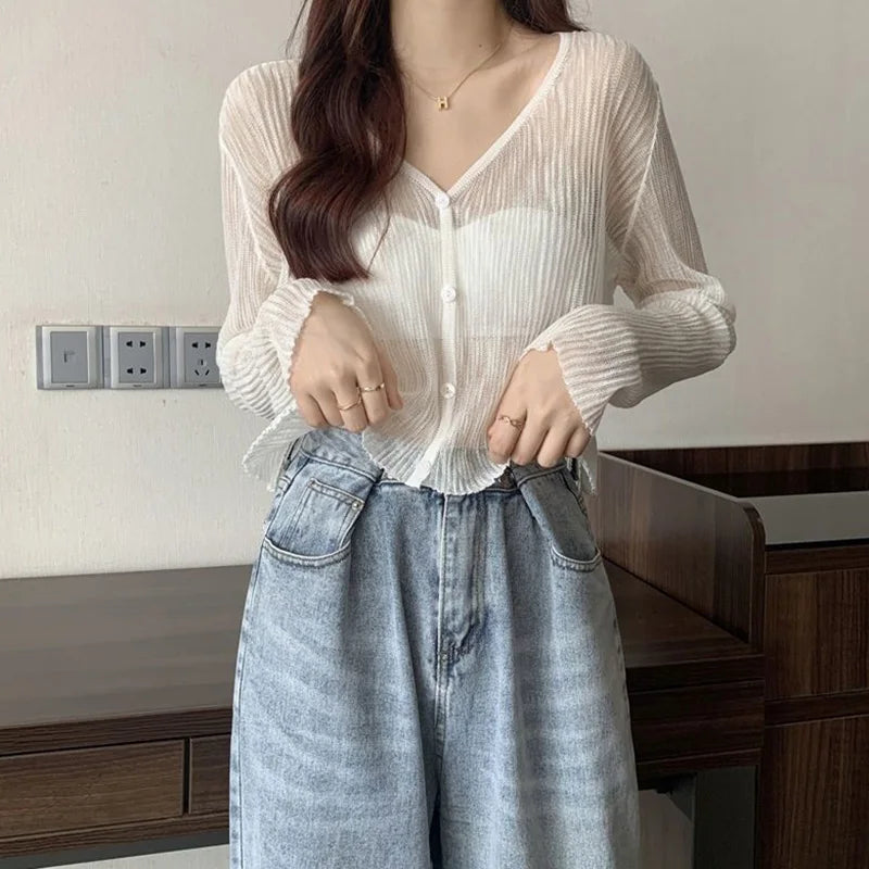 Ice Silk See-Through Thin Single Breasted Pink Knit Cardigan