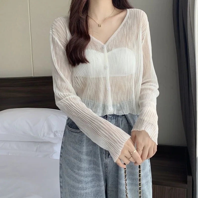 Ice Silk See-Through Thin Single Breasted Pink Knit Cardigan