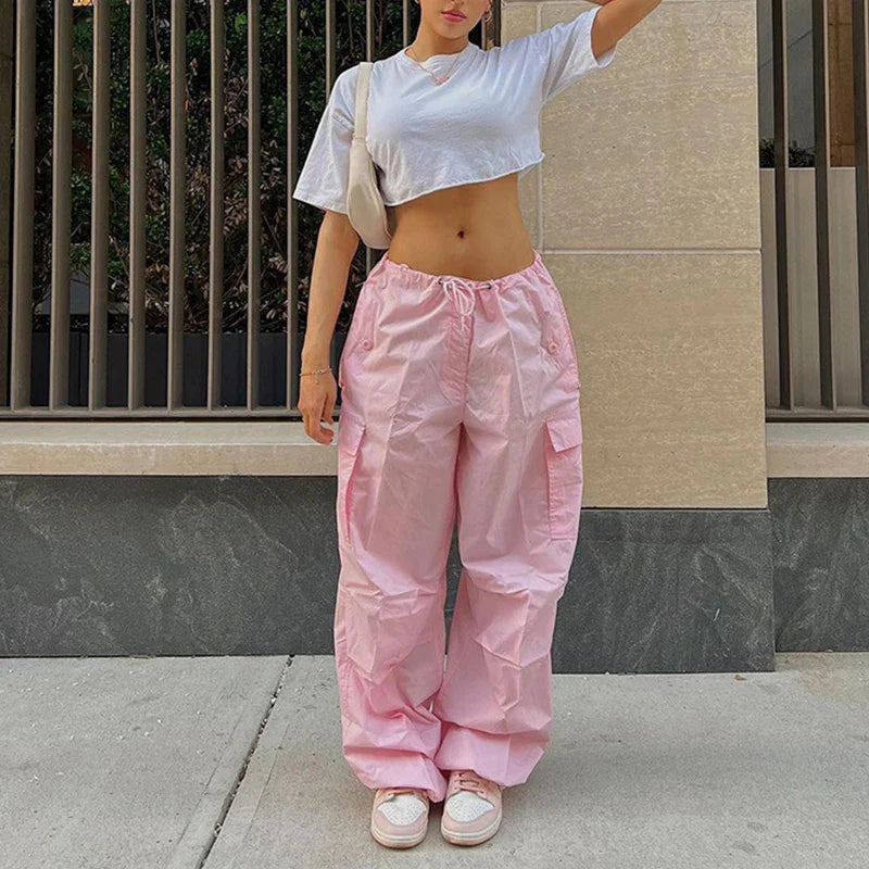 Pink Casual Jogger Tech Low Waist Cargo Pant