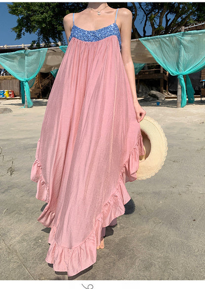 Pink Chiffon Sequin Slip Dress Flowy Fairycore Maxi for Summer Getaway
