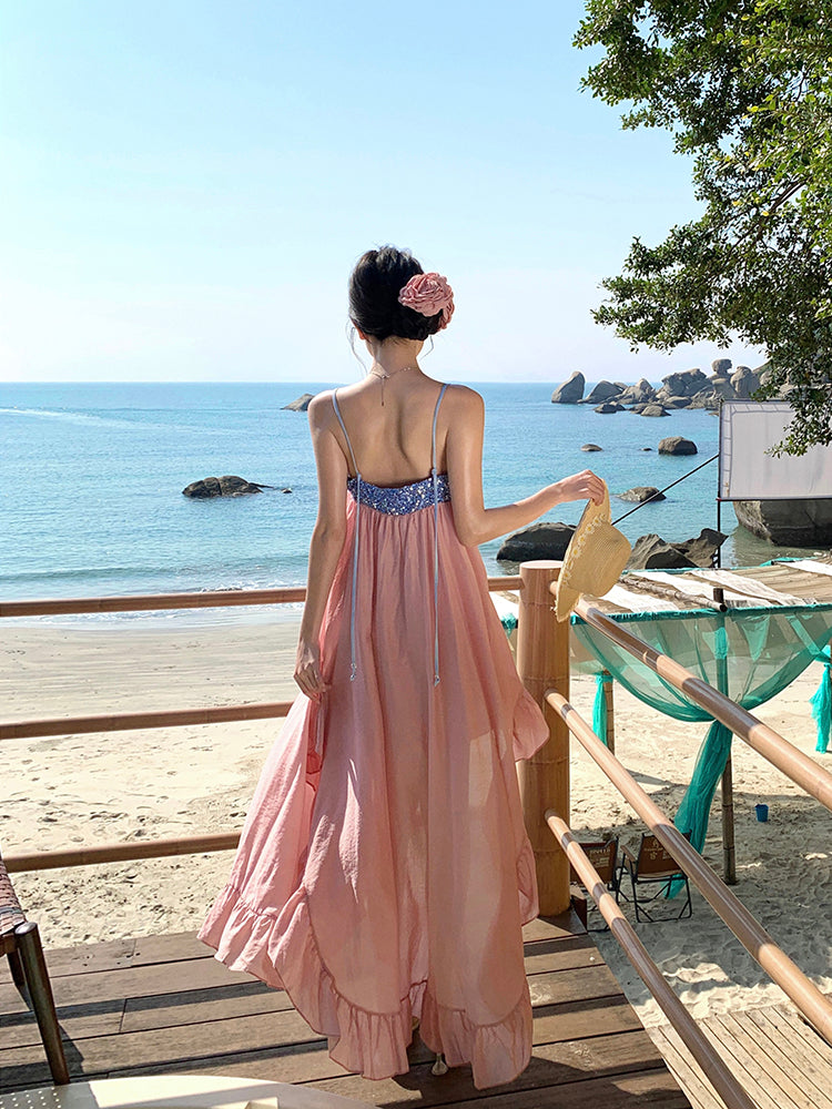Pink Chiffon Sequin Slip Dress Flowy Fairycore Maxi for Summer Getaway