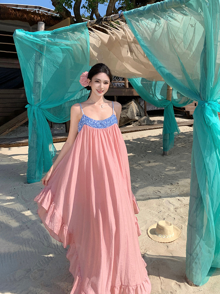 Pink Chiffon Sequin Slip Dress Flowy Fairycore Maxi for Summer Getaway