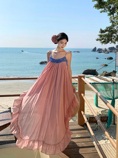 Pink Chiffon Sequin Slip Dress Flowy Fairycore Maxi for Summer Getaway