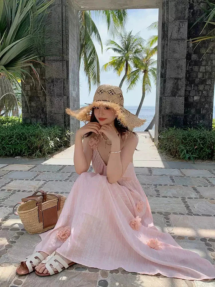 Pink Floral Halter Maxi Dress