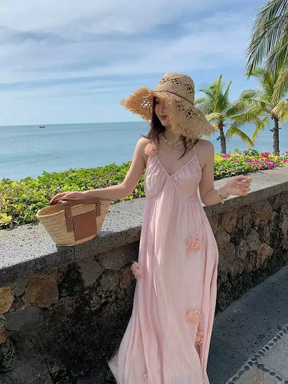 Pink Floral Halter Maxi Dress