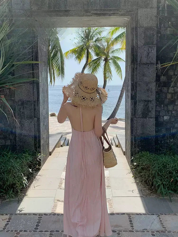 Pink Floral Halter Maxi Dress