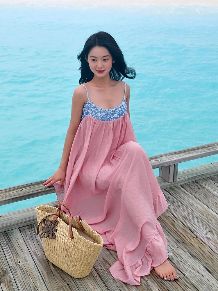 Pink Flowing Maxi Dress Dreamy Island Vacation Outfit