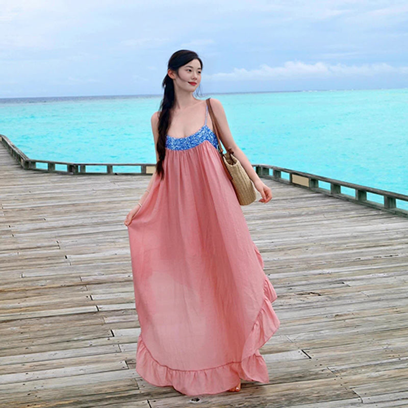 Pink Flowing Maxi Dress Dreamy Island Vacation Outfit