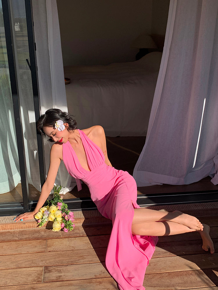 Pink Ruched Halter Maxi Dress Soft & Feminine Summer Look