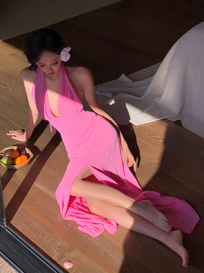 Pink Ruched Halter Maxi Dress Soft & Feminine Summer Look