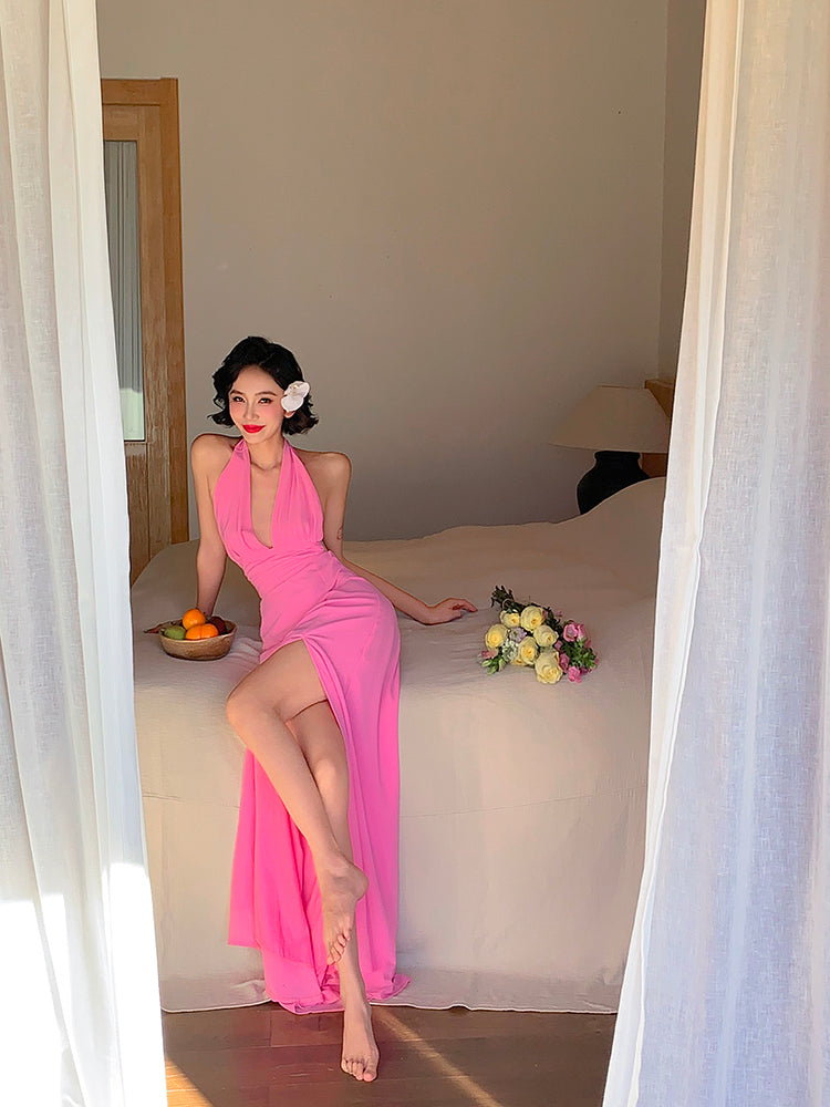 Pink Ruched Halter Maxi Dress Soft & Feminine Summer Look