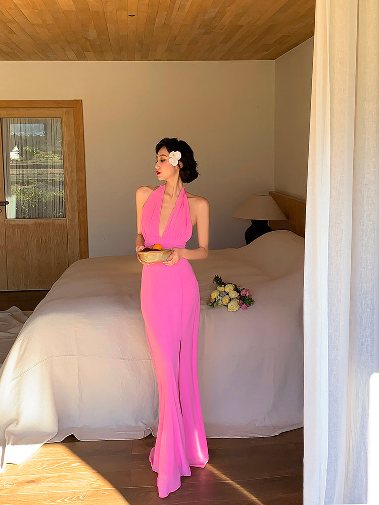 Pink Ruched Halter Maxi Dress Soft & Feminine Summer Look