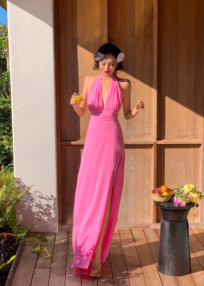 Pink Ruched Halter Maxi Dress Soft & Feminine Summer Look
