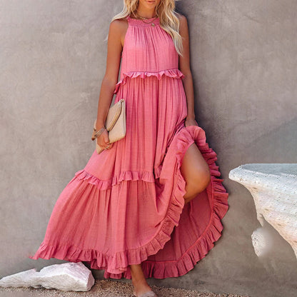 Halter Smocked Neck Tiered Ruffle Texture Maxi Dress