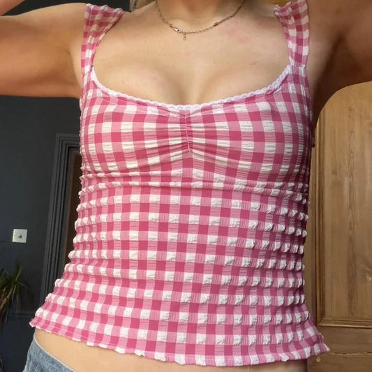 Plaid Gingham Lace Trim Square Collar Slim Fit Y2K Vintage Backless Crop Top