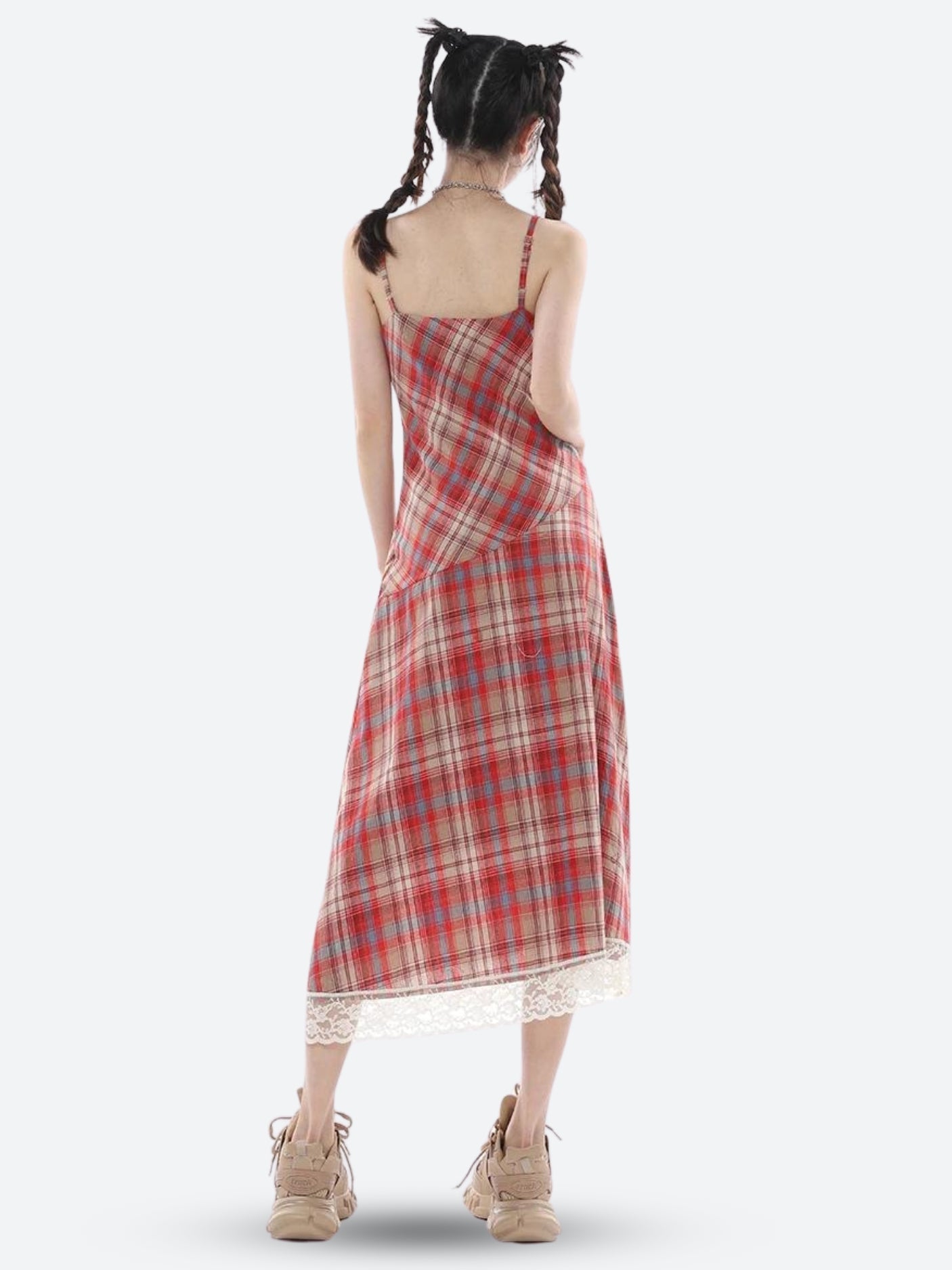 Plaid Lace Trim V-Neck Spaghetti Strap Bias Cut Midi Dress