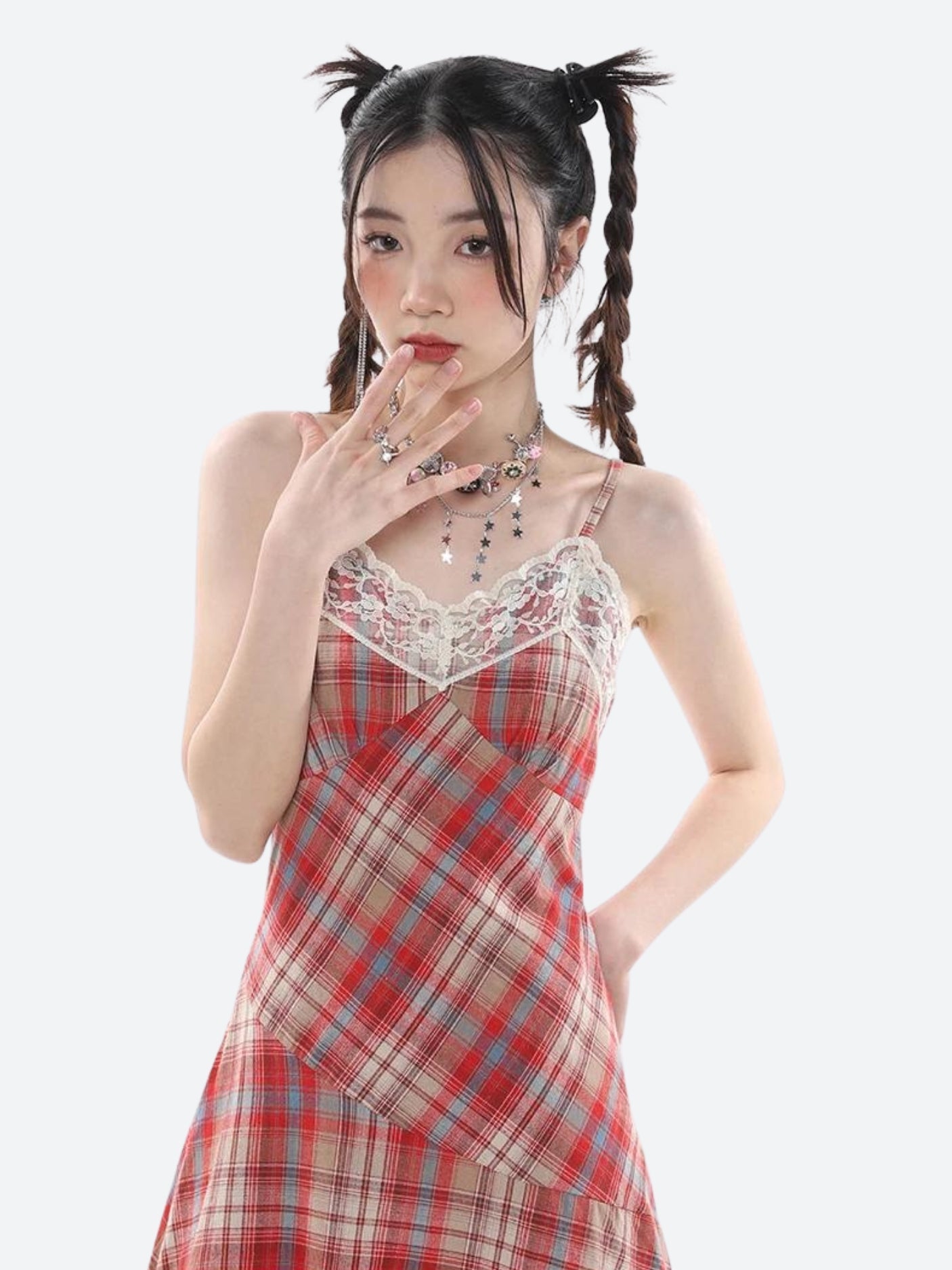 Plaid Lace Trim V-Neck Spaghetti Strap Bias Cut Midi Dress