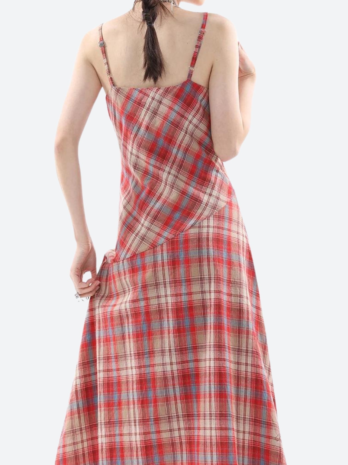 Plaid Lace Trim V-Neck Spaghetti Strap Bias Cut Midi Dress