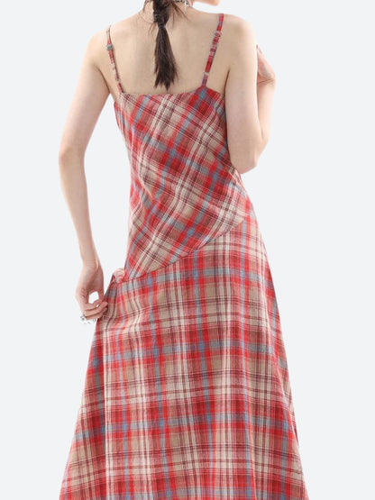 Plaid Lace Trim V-Neck Spaghetti Strap Bias Cut Midi Dress