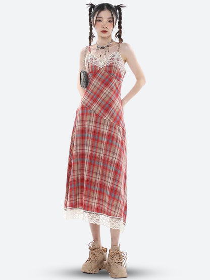 Plaid Lace Trim V-Neck Spaghetti Strap Bias Cut Midi Dress