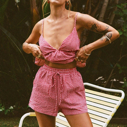 Plaid V Neck Backless Tie-Up Camis Elastic Waist Shorts Two Pieces Set