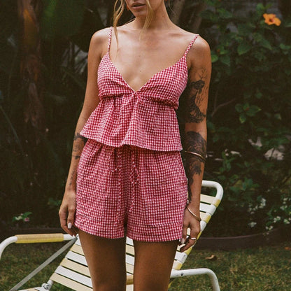 Plaid V Neck Backless Tie-Up Camis Elastic Waist Shorts Two Pieces Set
