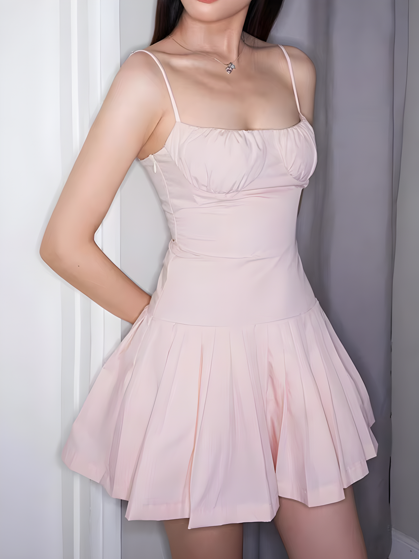 Spaghetti Strap Ruched Bust Pleated Skater Mini Dress