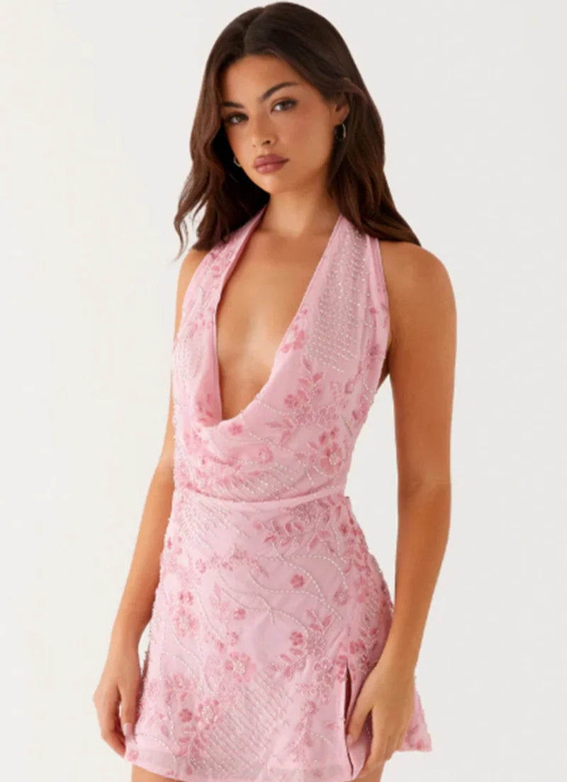 Halter Plunge Cowl Neck Floral Embroidered Beaded Mini Dress
