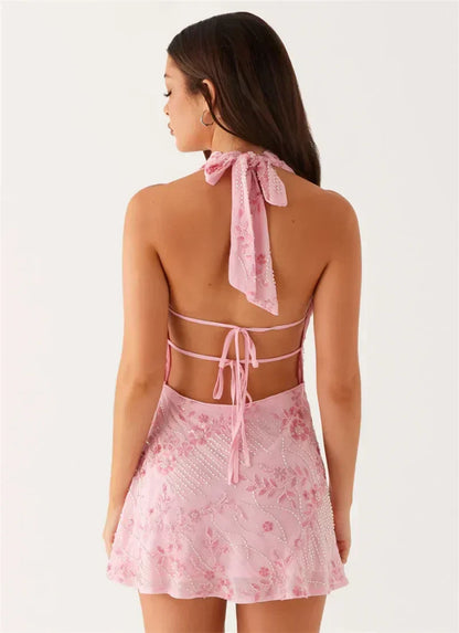 Halter Plunge Cowl Neck Floral Embroidered Beaded Mini Dress