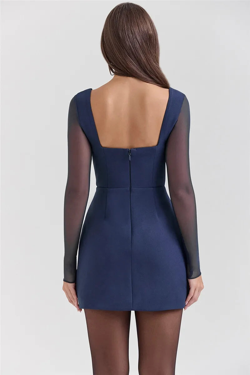 Sweetheart Neck Sheer Long Sleeve Plunge Neck Bodycon Mini Dress