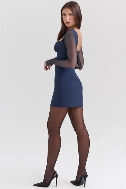 Sweetheart Neck Sheer Long Sleeve Plunge Neck Bodycon Mini Dress