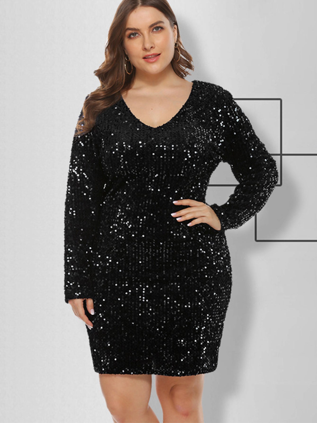 Sequin V Neck Long Sleeve Bodycon Mini Dress
