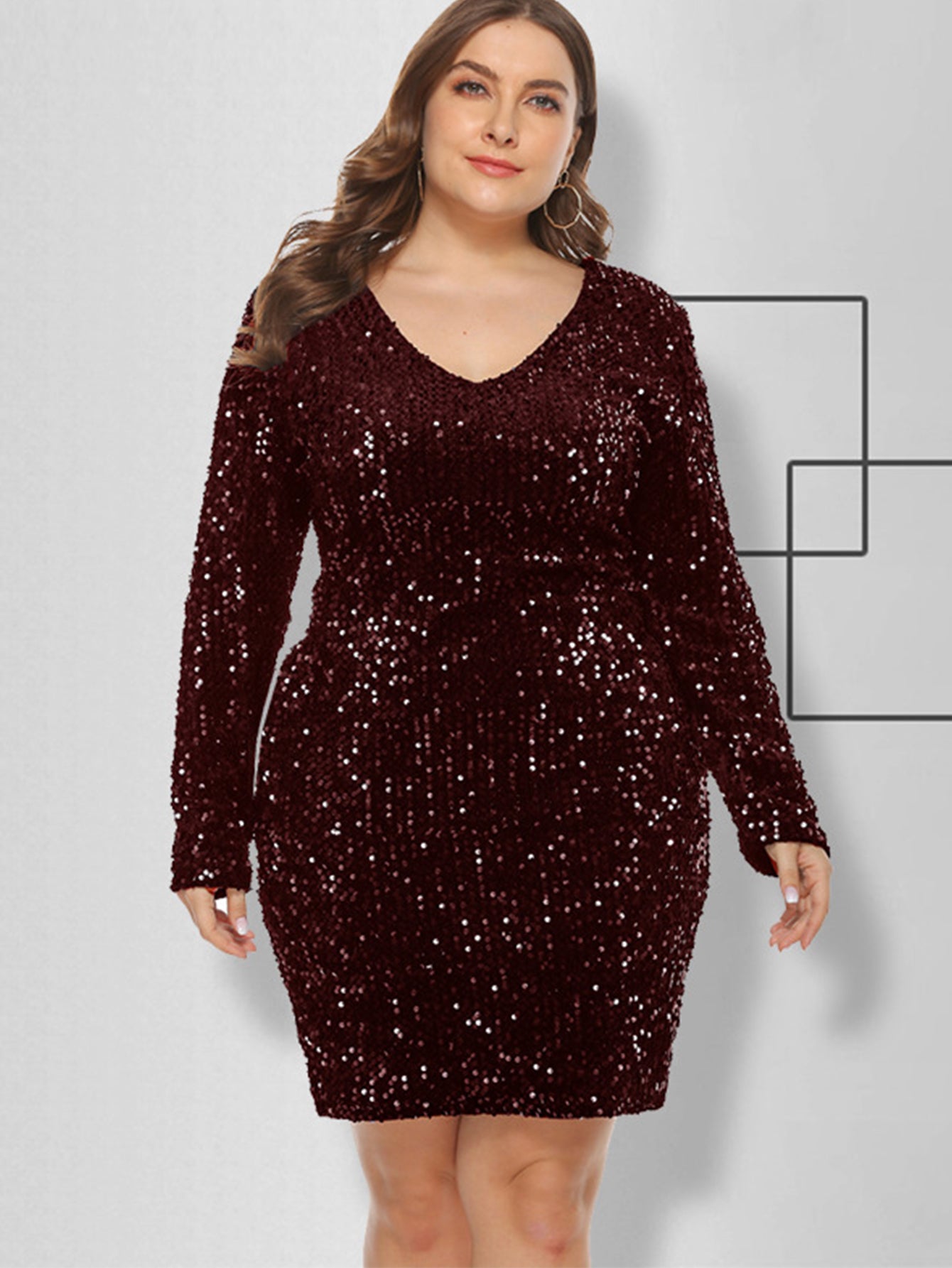 Sequin V Neck Long Sleeve Bodycon Mini Dress