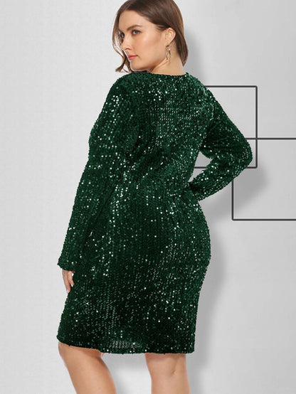 Sequin V Neck Long Sleeve Bodycon Mini Dress