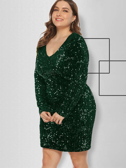 Sequin V Neck Long Sleeve Bodycon Mini Dress