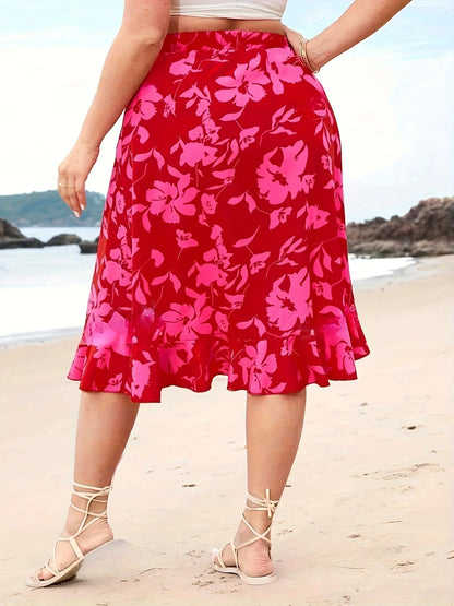 Plus Size Floral Slit High Waist Vacation Skirt
