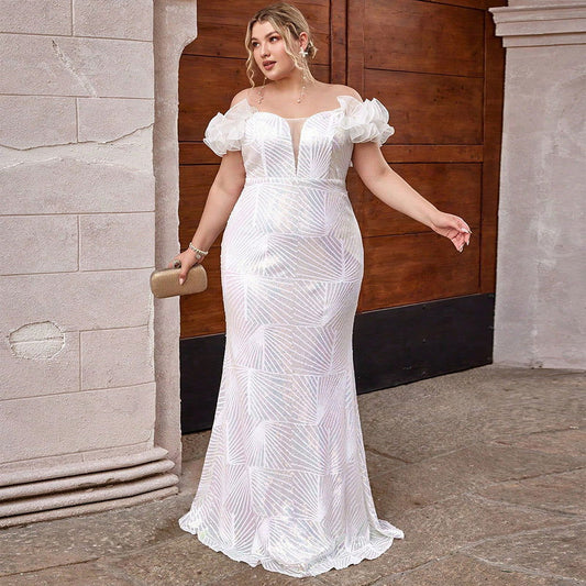 Plus Size Dress Puff Sleeve Sequin Stitching Cocktail Party Tube Top Dress
