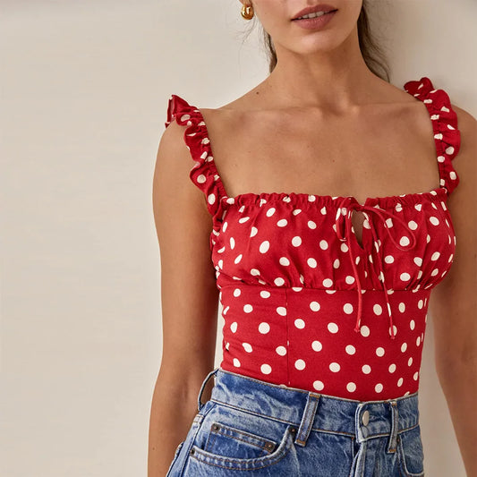 Polka Dot Square Neck Tie Sleeveless Frill Strap Smocked Fitted Sexy Crop Top