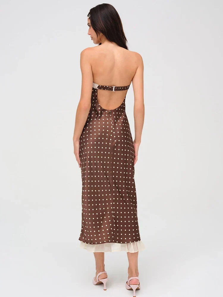 Strapless Polka Dot Lace Trim Bow Front Ribbon Tie Ruffle Hem Midi Dress