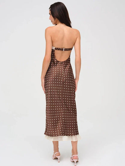Strapless Polka Dot Lace Trim Bow Front Ribbon Tie Ruffle Hem Midi Dress