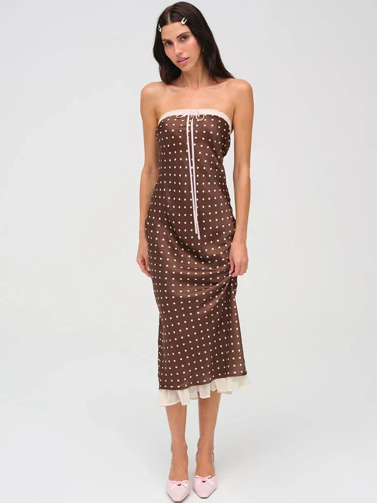 Strapless Polka Dot Lace Trim Bow Front Ribbon Tie Ruffle Hem Midi Dress