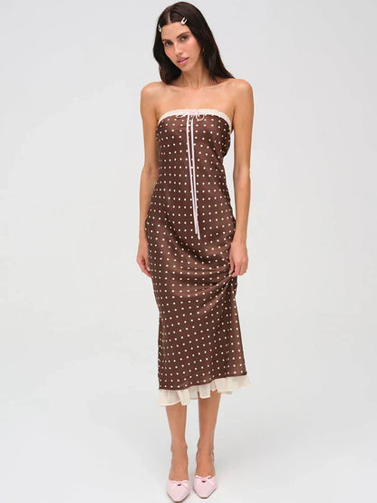 Strapless Polka Dot Lace Trim Bow Front Ribbon Tie Ruffle Hem Midi Dress
