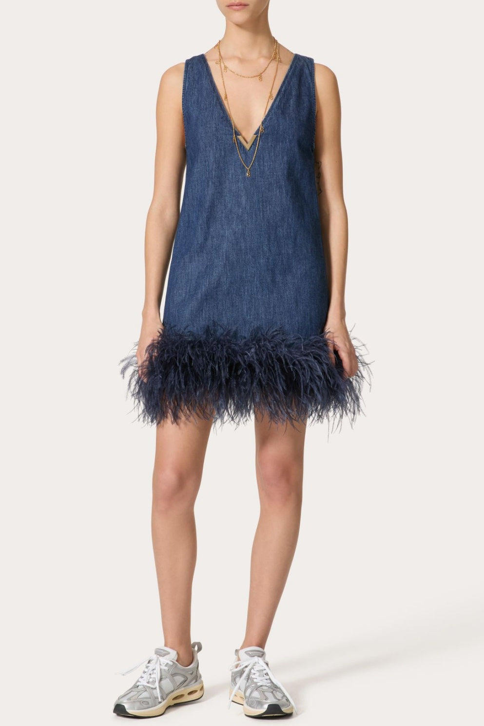 Poppa Feather Trim Denim Mini Dress