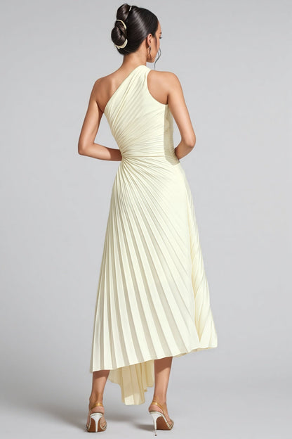 Symons Beige One Shoulder Pleated Maxi Dress