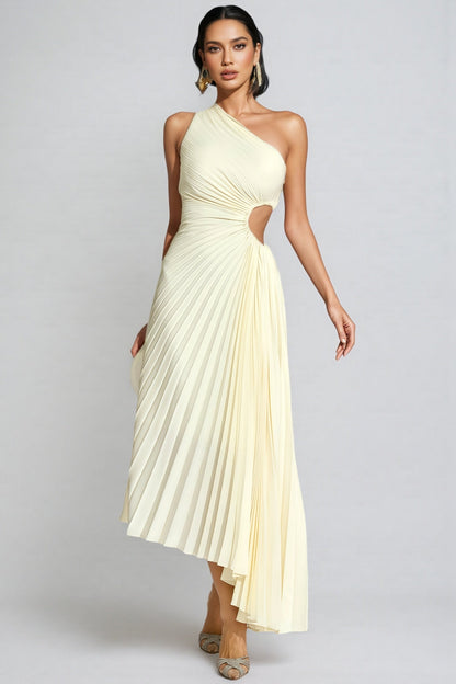 Symons Beige One Shoulder Pleated Maxi Dress